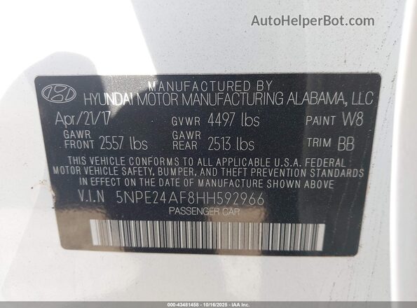 5NPE24AF8HH592966 2017 HYUNDAI SONATA White Vista del compartimento del motor