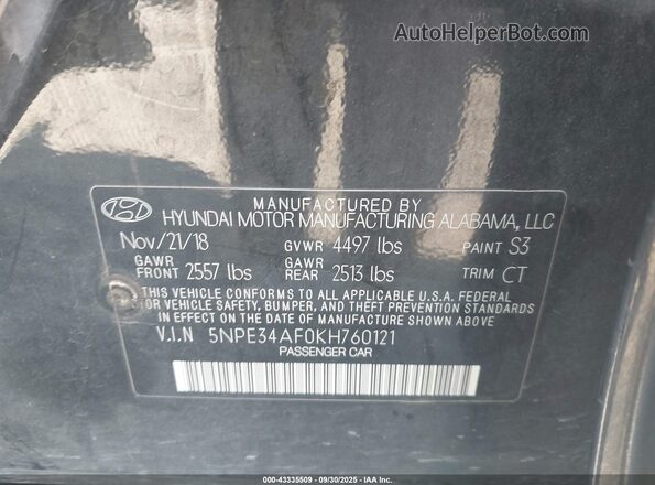 5NPE34AF0KH760121 2019 HYUNDAI SONATA Black Vista del compartimento del motor