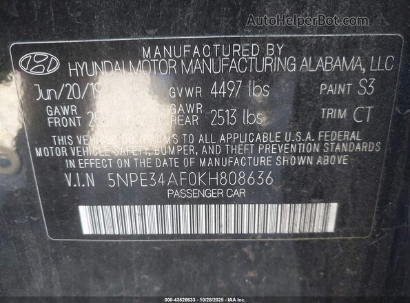 5NPE34AF0KH808636 2019 HYUNDAI SONATA Черный Вид подкапотного пространства