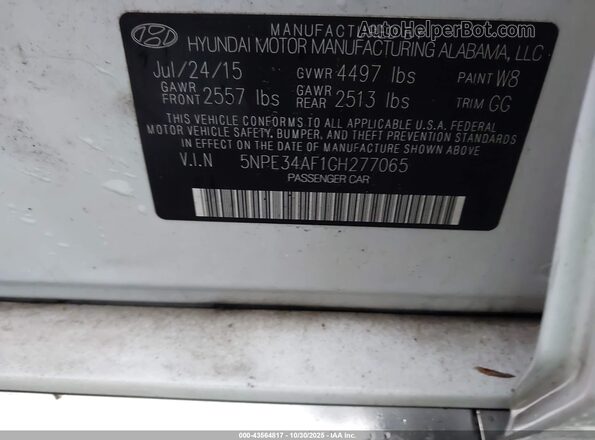 5NPE34AF1GH277065 2016 HYUNDAI SONATA White ძრავის განყოფილების ხედი