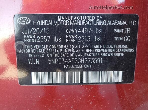 5NPE34AF2GH273591 2016 HYUNDAI SONATA Red Вид підкапотного простору
