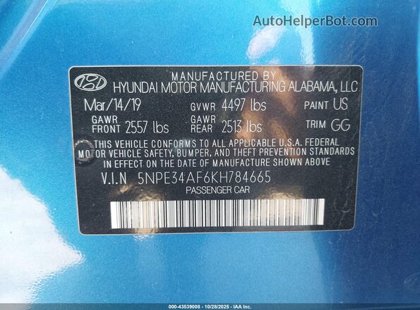 5NPE34AF6KH784665 2019 HYUNDAI SONATA Blue Շարժիչի բաժամունքի տեսք