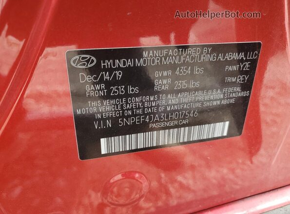 5NPEF4JA3LH017546 2020 HYUNDAI SONATA Red Widok komory silnika