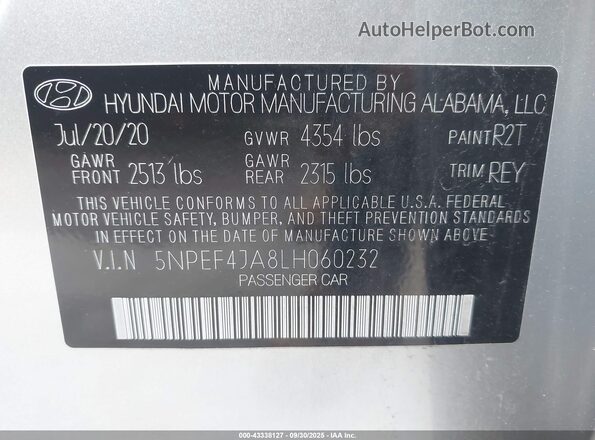 5NPEF4JA8LH060232 2020 HYUNDAI SONATA Silver Շարժիչի բաժամունքի տեսք