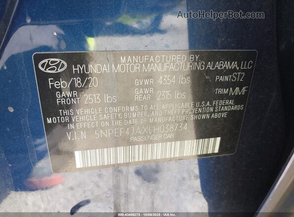 5NPEF4JAXLH038734 2020 HYUNDAI SONATA Blue Engine compartment view