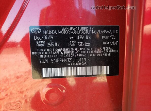 5NPEH4J21LH013708 2020 HYUNDAI SONATA Red 