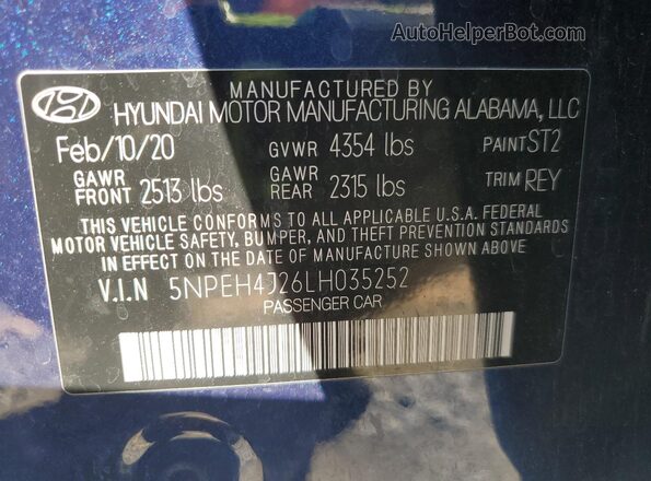 5NPEH4J26LH035252 2020 HYUNDAI SONATA Blue VIN sticker view