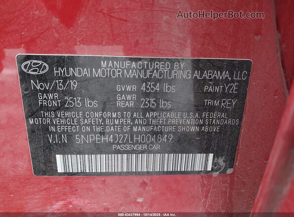 5NPEH4J27LH004849 2020 HYUNDAI SONATA Красный Вид подкапотного пространства