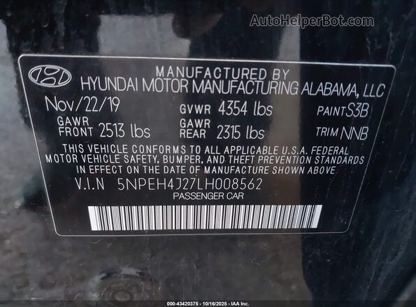 5NPEH4J27LH008562 2020 HYUNDAI SONATA Black ძრავის განყოფილების ხედი