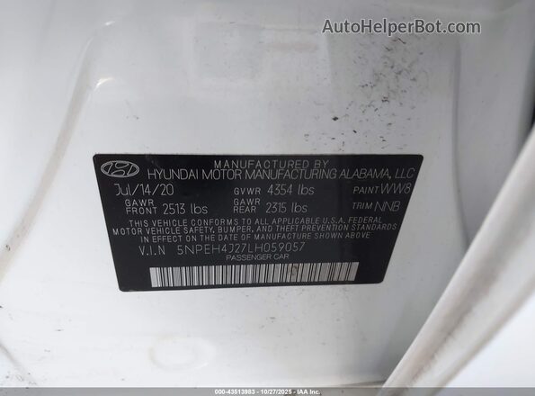 5NPEH4J27LH059057 2020 HYUNDAI SONATA White Vista del compartimento del motor