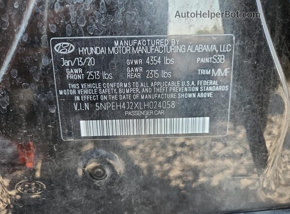 5NPEH4J2XLH024058 2020 HYUNDAI SONATA Black VIN კოდის სტიკერის ხედი