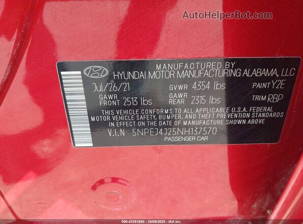 5NPEJ4J25NH137570 2022 HYUNDAI SONATA Красный Вид подкапотного пространства