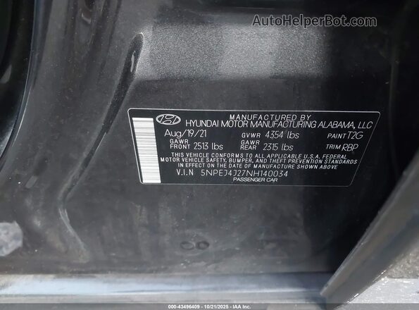 5NPEJ4J27NH140034 2022 HYUNDAI SONATA Gray ძრავის განყოფილების ხედი