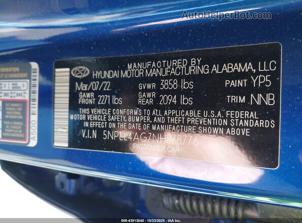 5NPLL4AG7NH078776 2022 HYUNDAI ELANTRA Blue Widok komory silnika