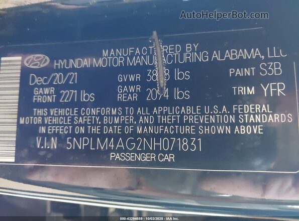 5NPLM4AG2NH071831 2022 HYUNDAI ELANTRA Black Widok komory silnika