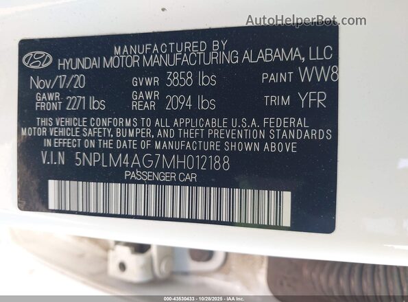 5NPLM4AG7MH012188 2021 HYUNDAI ELANTRA White Շարժիչի բաժամունքի տեսք