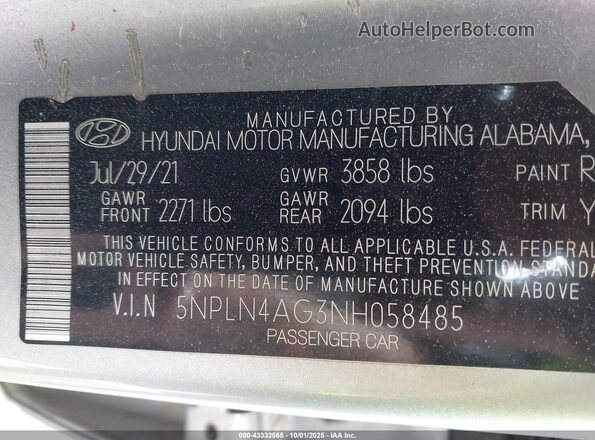5NPLN4AG3NH058485 2022 HYUNDAI ELANTRA Silver ძრავის განყოფილების ხედი