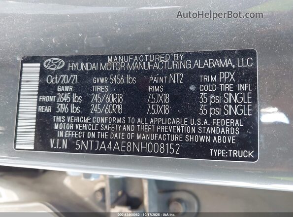 5NTJA4AE8NH008152 2022 HYUNDAI SANTA CRUZ Gray Engine compartment view