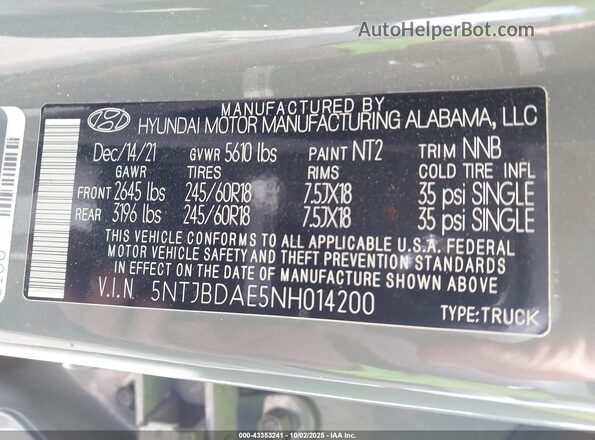 5NTJBDAE5NH014200 2022 HYUNDAI SANTA CRUZ Gray 