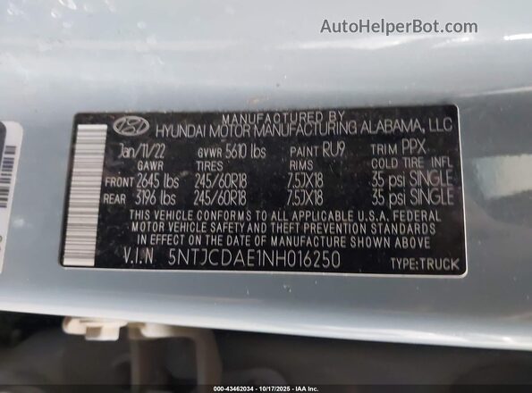 5NTJCDAE1NH016250 2022 HYUNDAI SANTA CRUZ Light Blue ძრავის განყოფილების ხედი