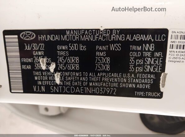 5NTJCDAE1NH037972 2022 HYUNDAI SANTA CRUZ White Շարժիչի բաժամունքի տեսք