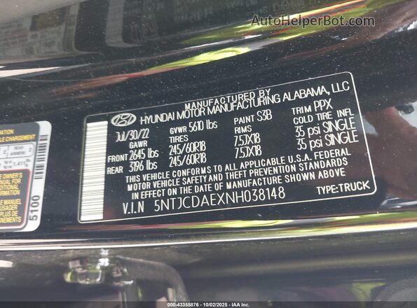 5NTJCDAEXNH038148 2022 HYUNDAI SANTA CRUZ Black ძრავის განყოფილების ხედი