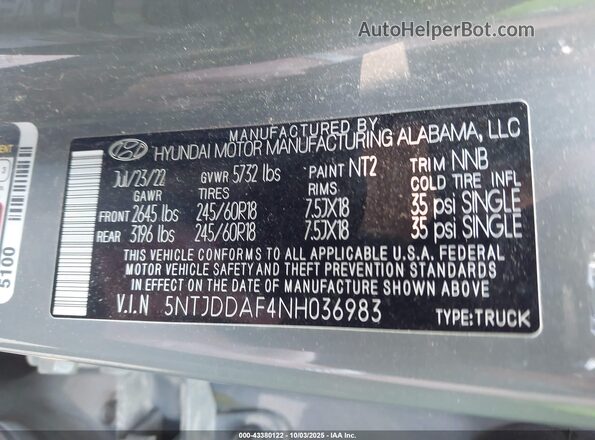 5NTJDDAF4NH036983 2022 HYUNDAI SANTA CRUZ Gray Շարժիչի բաժամունքի տեսք