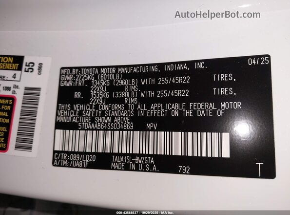 5TDAAAB64SS034869 2025 LEXUS TX 350 White ძრავის განყოფილების ხედი