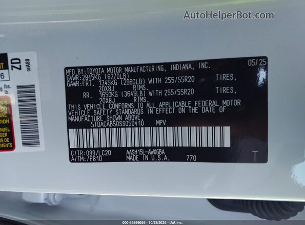 5TDACAB50SS050410 2025 TOYOTA LIMITED White Շարժիչի բաժամունքի տեսք