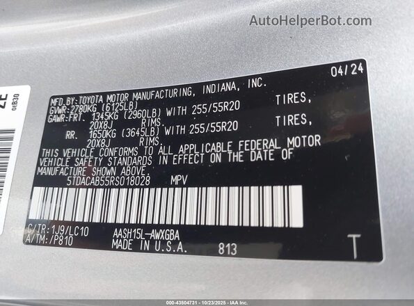 5TDACAB55RS018028 2024 TOYOTA LIMITED Silver Widok komory silnika