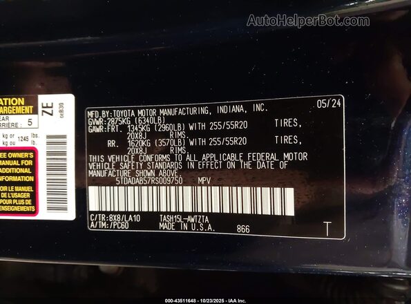 5TDADAB57RS009750 2024 TOYOTA HIGHLANDER HYBRID Blue Widok komory silnika