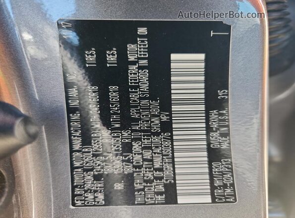 5TDBGRFH1JS038776 2018 TOYOTA HIGHLANDER HYBRID Gray Widok naklejki z numerem VIN