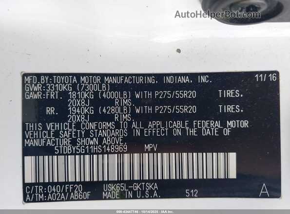 5TDBY5G11HS148969 2017 TOYOTA SEQUOIA White Widok komory silnika