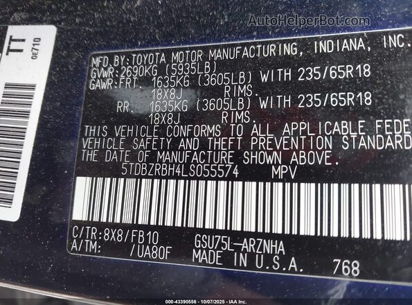5TDBZRBH4LS055574 2020 TOYOTA LE Blue ძრავის განყოფილების ხედი