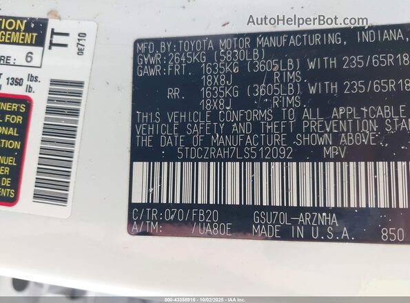 5TDCZRAH7LS512092 2020 TOYOTA HIGHLANDER White Engine compartment view