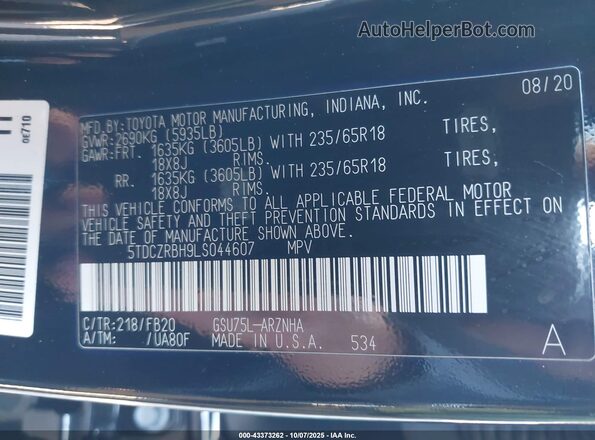 5TDCZRBH9LS044607 2020 TOYOTA HIGHLANDER Black Engine compartment view