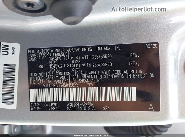 5TDDBRCH5MS015873 2021 TOYOTA LIMITED Silver ძრავის განყოფილების ხედი