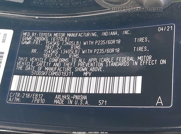 5TDDSKFC6MS019311 2021 TOYOTA SIENNA Black Widok komory silnika