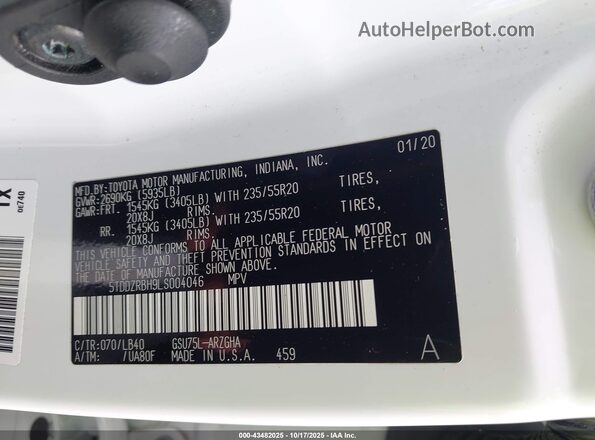 5TDDZRBH9LS004046 2020 TOYOTA LIMITED White Շարժիչի բաժամունքի տեսք