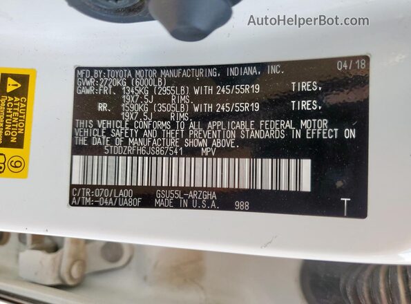 5TDDZRFH6JS867541 2018 TOYOTA LIMITED White 