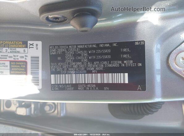 5TDFZRBH2LS036099 2020 TOYOTA HIGHLANDER Gray Vista del compartimento del motor