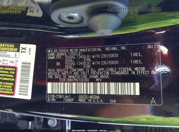 5TDFZRBH7MS134269 2021 TOYOTA HIGHLANDER Black Вид підкапотного простору