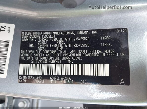 5TDFZRBH8LS008761 2020 TOYOTA HIGHLANDER Silver Engine compartment view