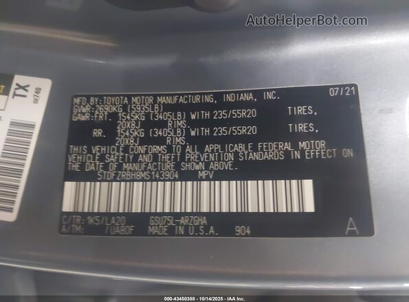 5TDFZRBH8MS143904 2021 TOYOTA HIGHLANDER Light Blue Շարժիչի բաժամունքի տեսք