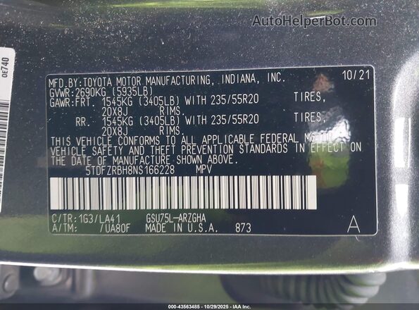 5TDFZRBH8NS166228 2022 TOYOTA HIGHLANDER Gray Вид підкапотного простору