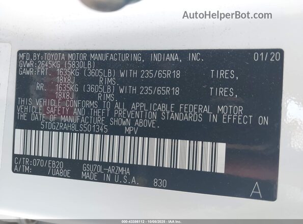 5TDGZRAH8LS501345 2020 TOYOTA LE White Вид підкапотного простору
