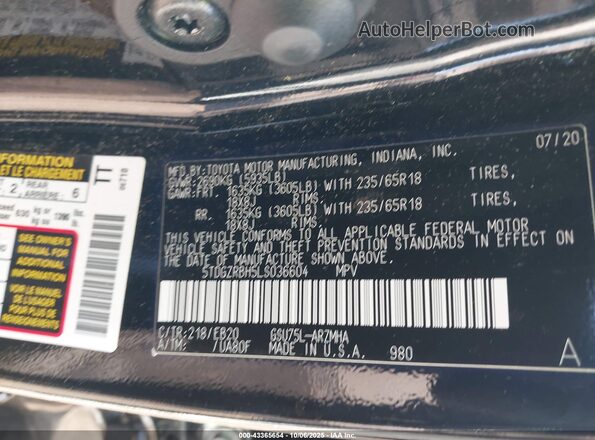 5TDGZRBH5LS036604 2020 TOYOTA LE Black Вид підкапотного простору