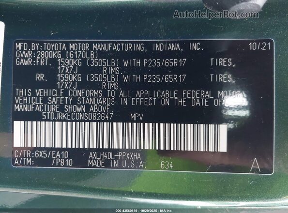 5TDJRKEC0NS082647 2022 TOYOTA LE Green 