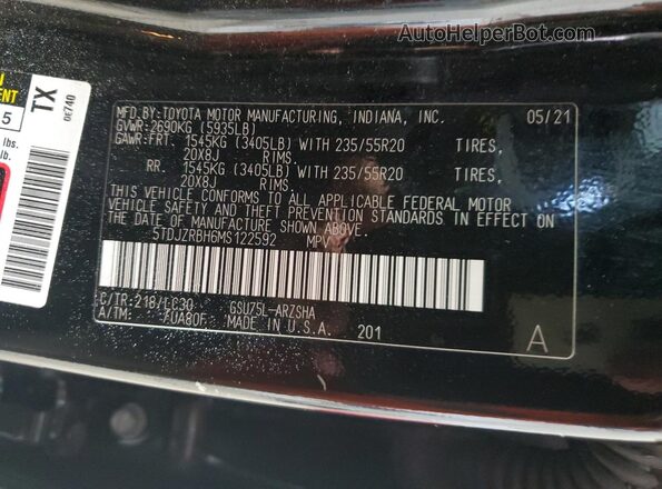 5TDJZRBH6MS122592 2021 TOYOTA HIGHLANDER Black სალონის 360-გრადუსიანი ხედი