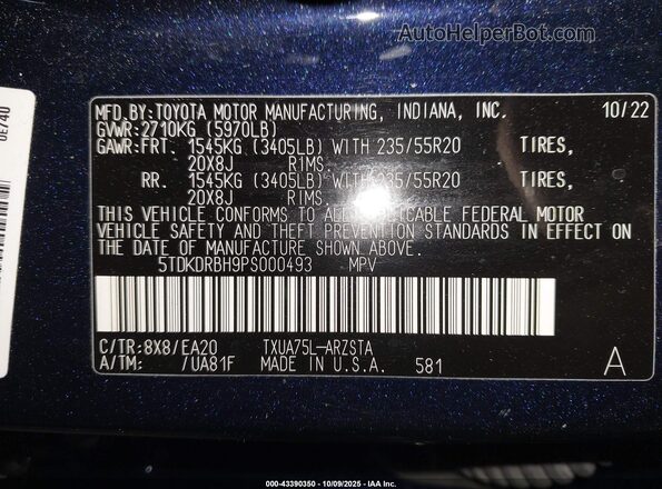 5TDKDRBH9PS000493 2023 TOYOTA HIGHLANDER Dark Blue 